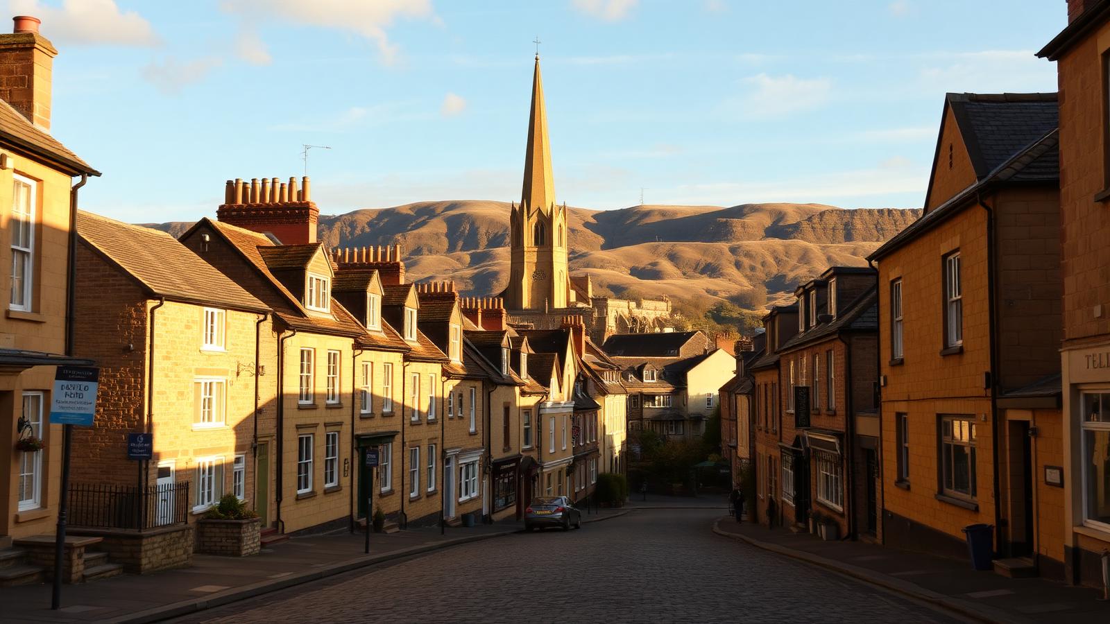 Georgian stone townhouses and church spire on a sloping Ashbourne street