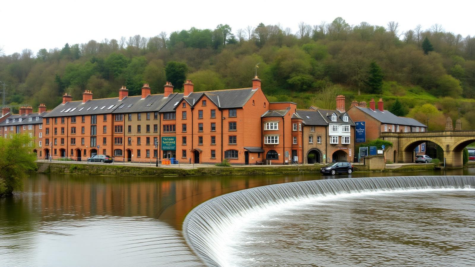 Historic red-brick riverside mills and the Derwent weir at Belper, Derbyshire