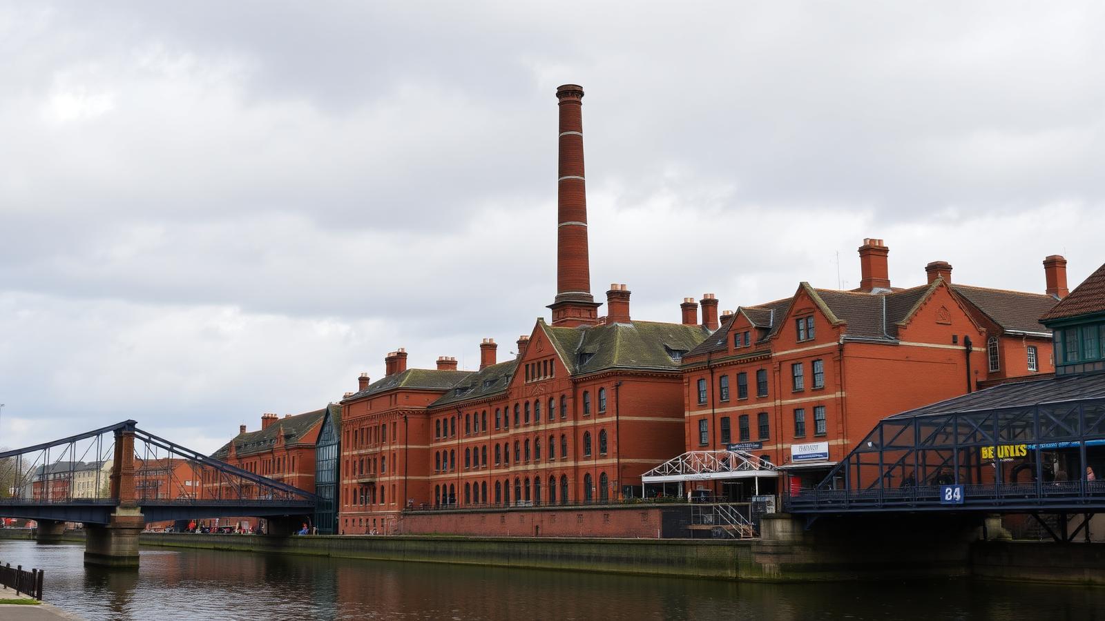 Victorian red-brick brewery buildings and chimney beside the River Trent in Burton upon Trent