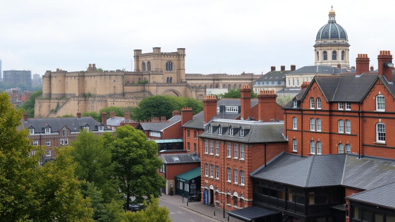 Nottingham Castle escarpment above the red-brick Lace Market rooftops