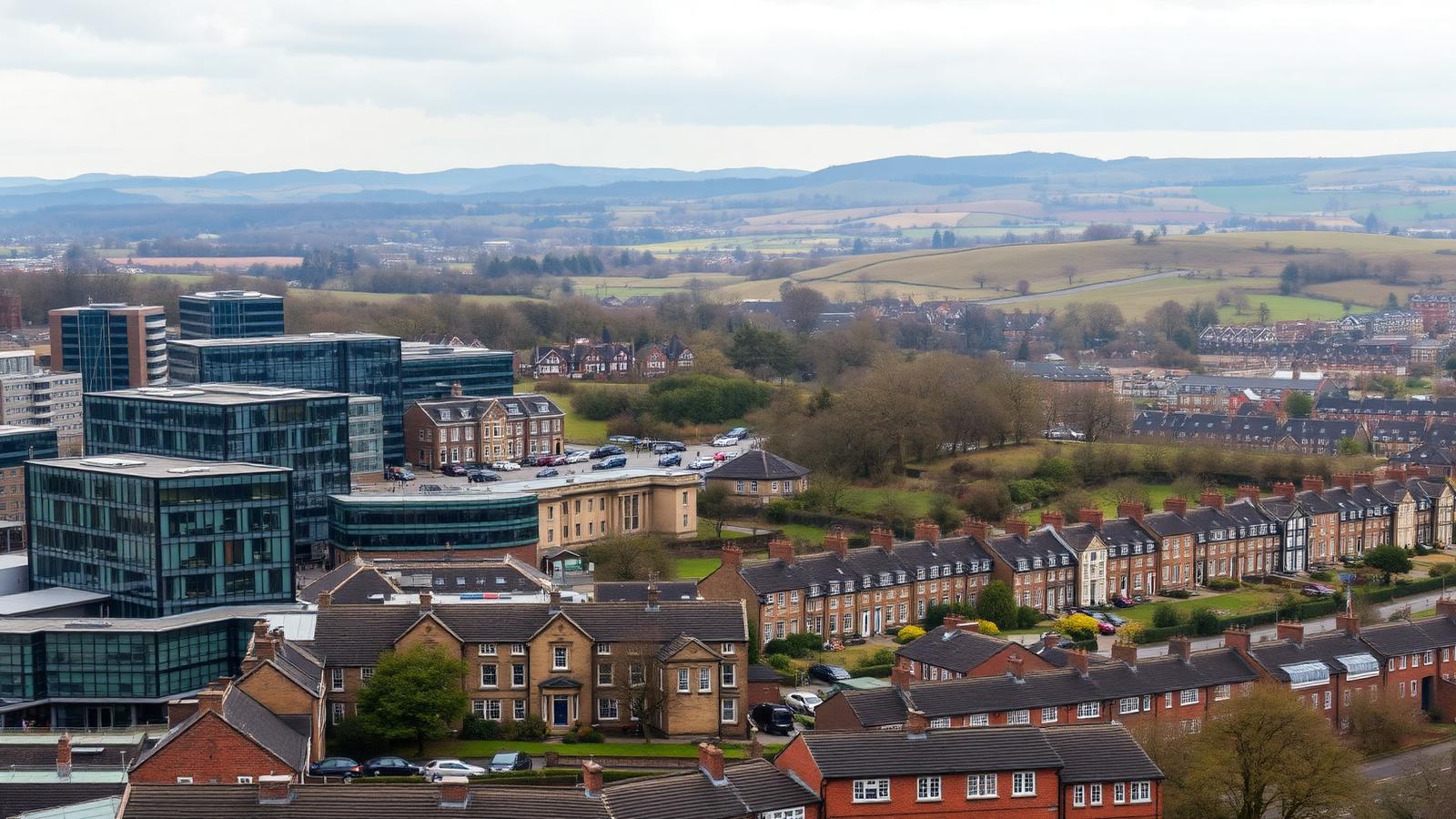 Sheffield rooftops and modern offices with Peak District hills beyond